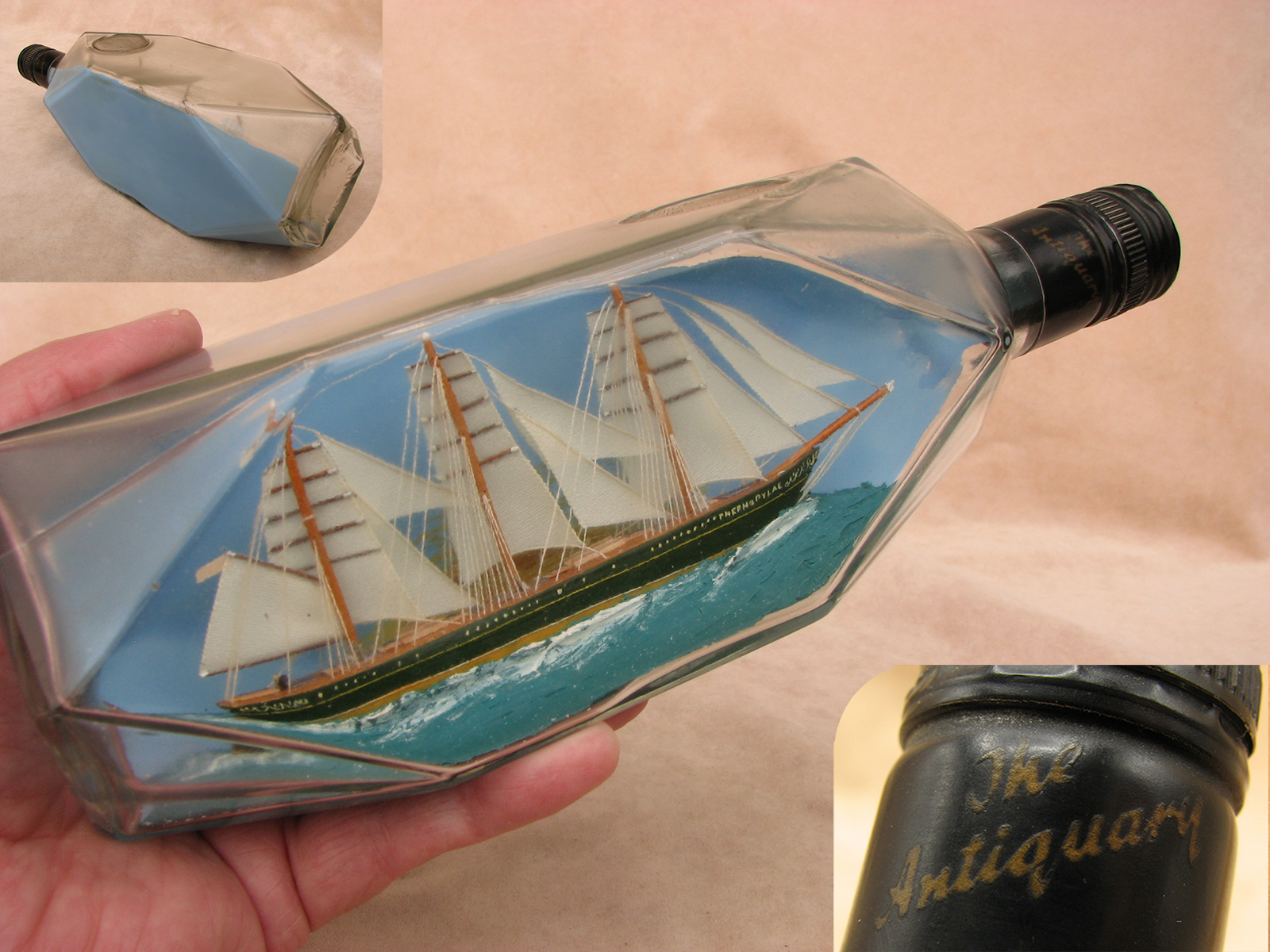 Impressive model of the Thermopylae tea clipper ship in 1970's Antiquery whisky bottle